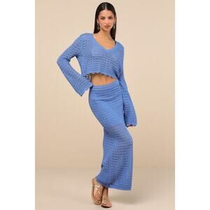 Lulus Serene Aesthetic Blue Crochet Knit Midi Skirt - Size S